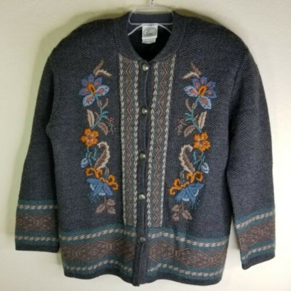 Laura Ashley Sz M 100% Wool Cardigan Sweater Vintage Floral Gray Hong Kong